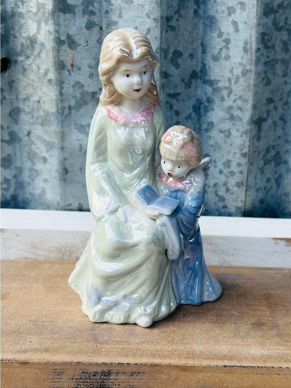 Porcelain Mother and Child Figurine in Cream and Blue